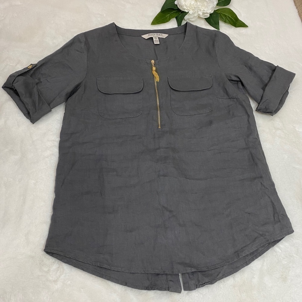 Ellen Tracy Linen Blouse with Gold Tassel Size S
